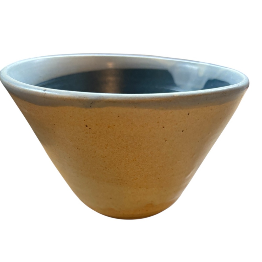 Handcrafted Ceramic Bowl Heavier Weight Tan and Blue